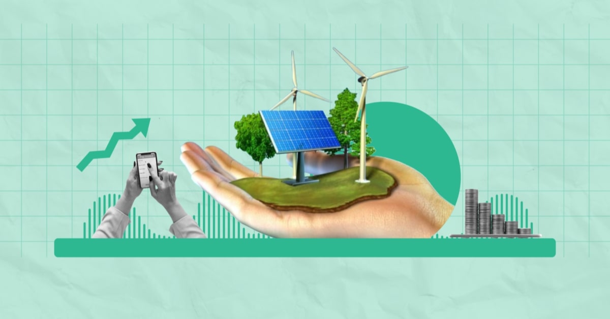 Hand holding renewable energy symbols, including solar panels and wind turbines, representing sustainable energy growth.